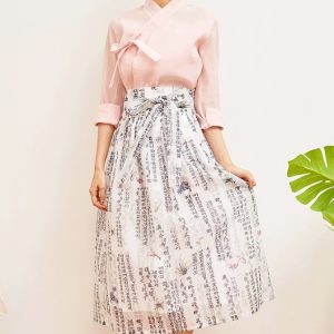 Artistic Calligraphy Print High-Waist Midi Skirt with Tie Belt