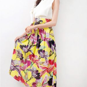 Bold Floral Print High-Waist Midi Skirt with Statement Tie Belt