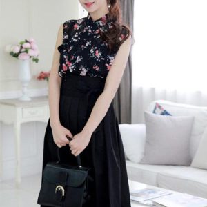 Elegant Contrast Floral Bodice High-Waist Midi Skirt Dress Style