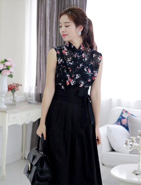 Elegant Contrast Floral Bodice High-Waist Midi Skirt Dress Style - Image 4