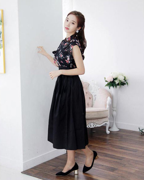 Elegant Contrast Floral Bodice High-Waist Midi Skirt Dress Style - Image 5