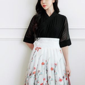 Elegant Floral Embroidered High-Waist Midi Skirt with Sheer Overlay