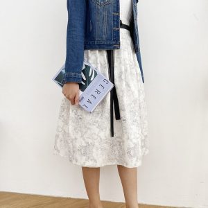 Elegant Lace Textured High-Waist Midi Skirt with Contrast Tie Belt