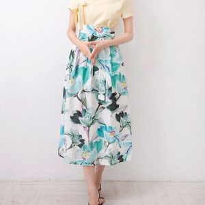 Fresh Botanical Floral High-Waist Midi Skirt with Tie Belt