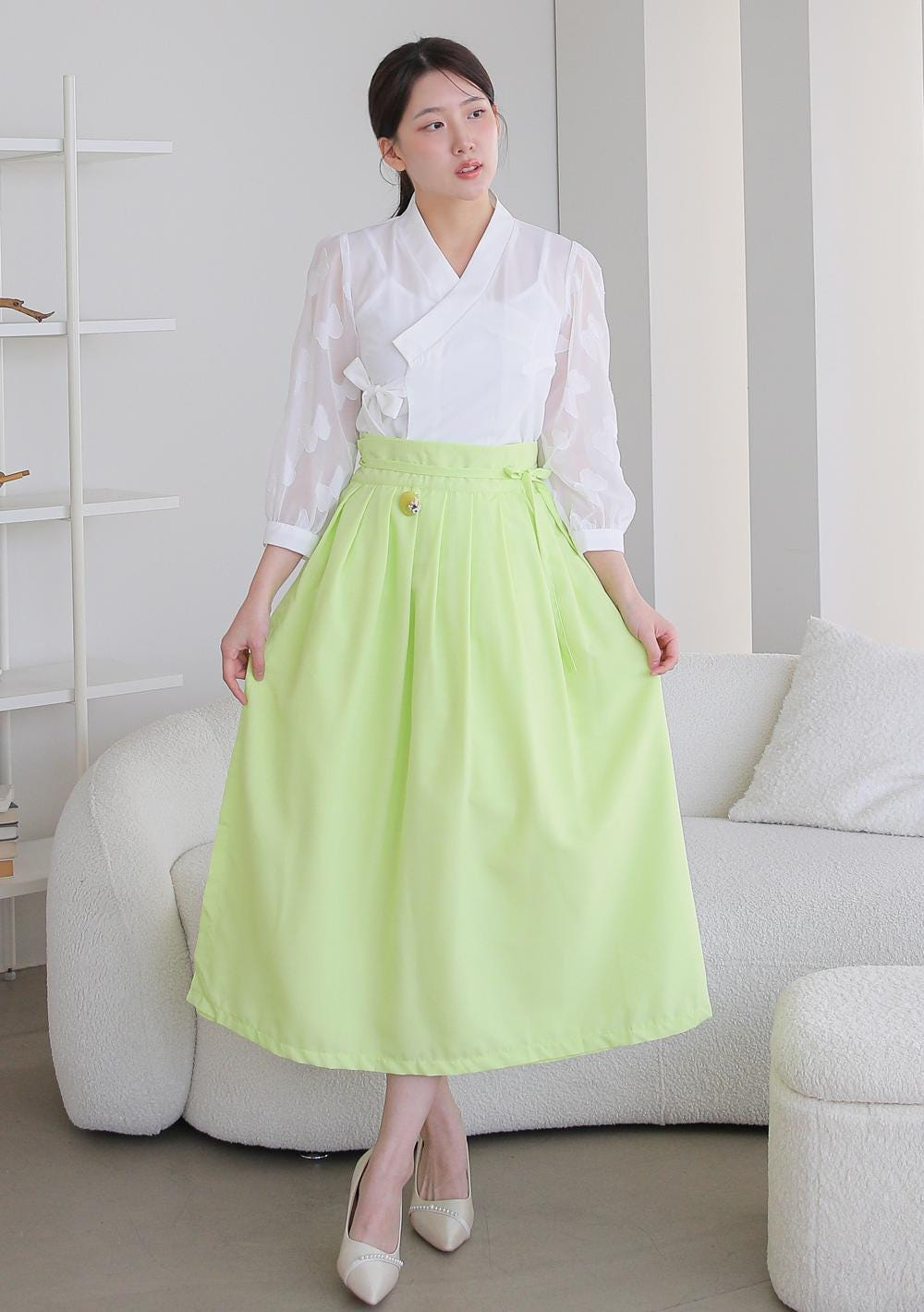 Fresh Lime Green High-Waist Midi Skirt with Adjustable Tie Belt