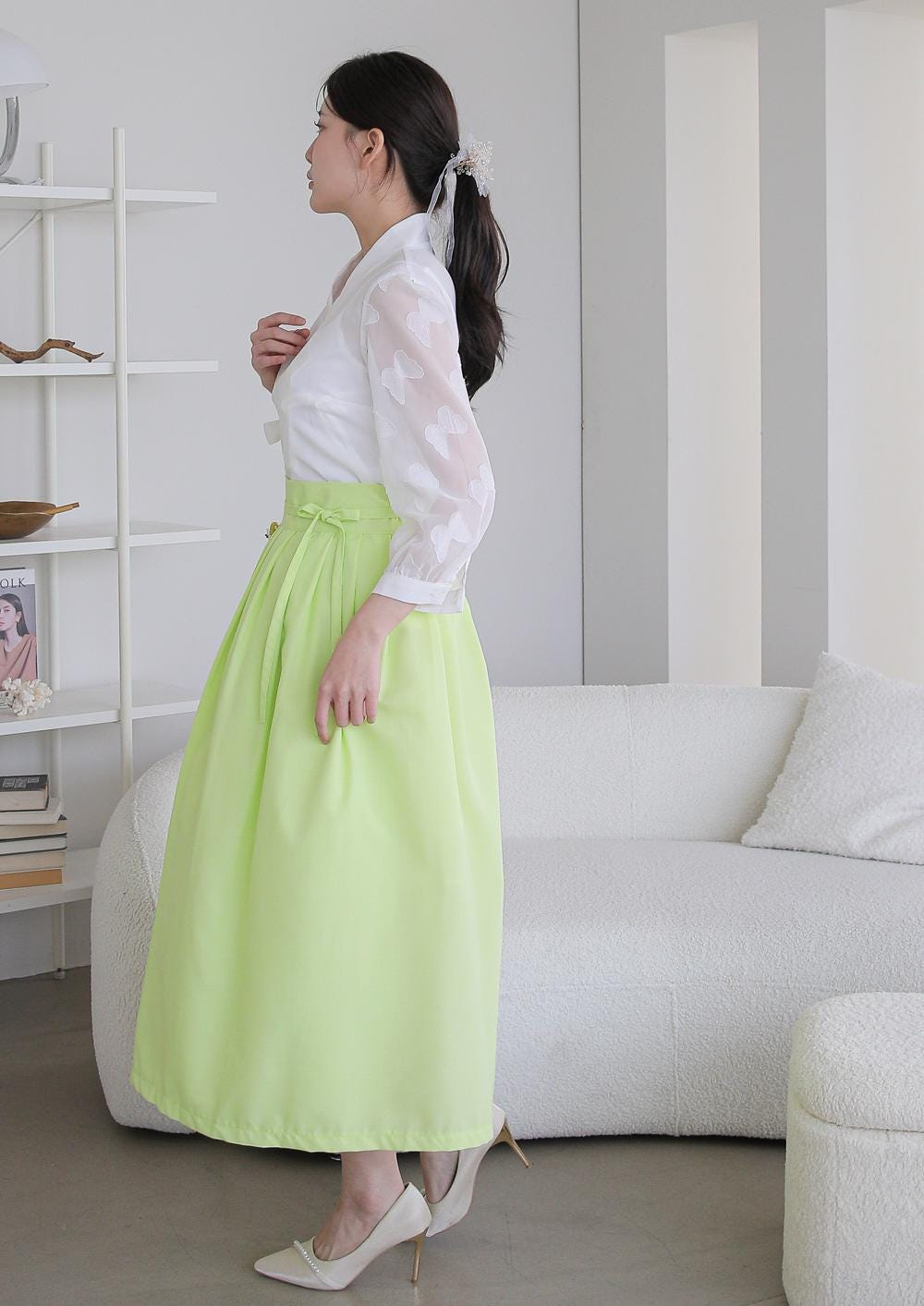 Fresh Lime Green High-Waist Midi Skirt with Adjustable Tie Belt - Image 2
