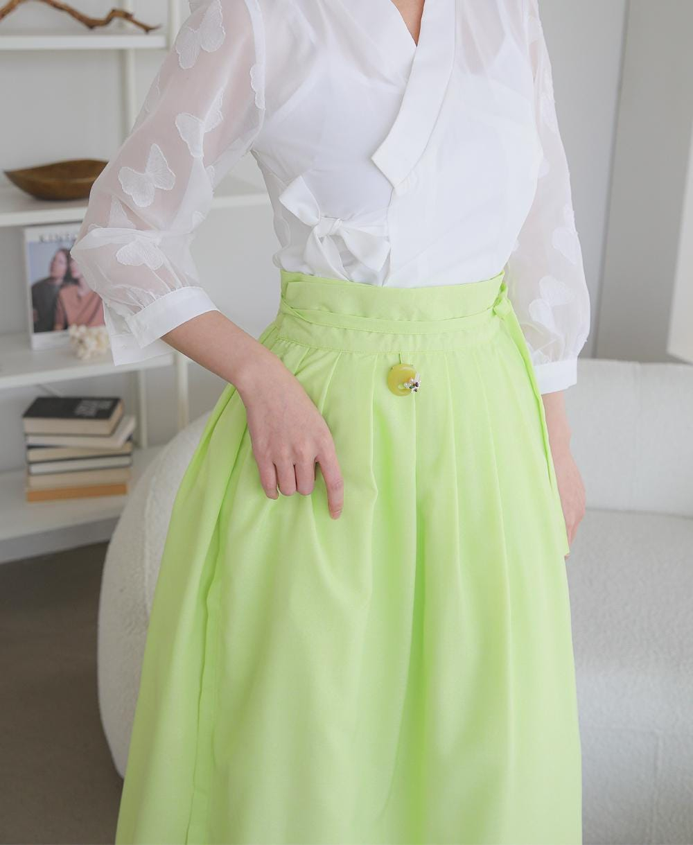 Fresh Lime Green High-Waist Midi Skirt with Adjustable Tie Belt - Image 3