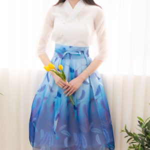 Gradient Blue Organza Midi Skirt with High-Waist Tie Belt
