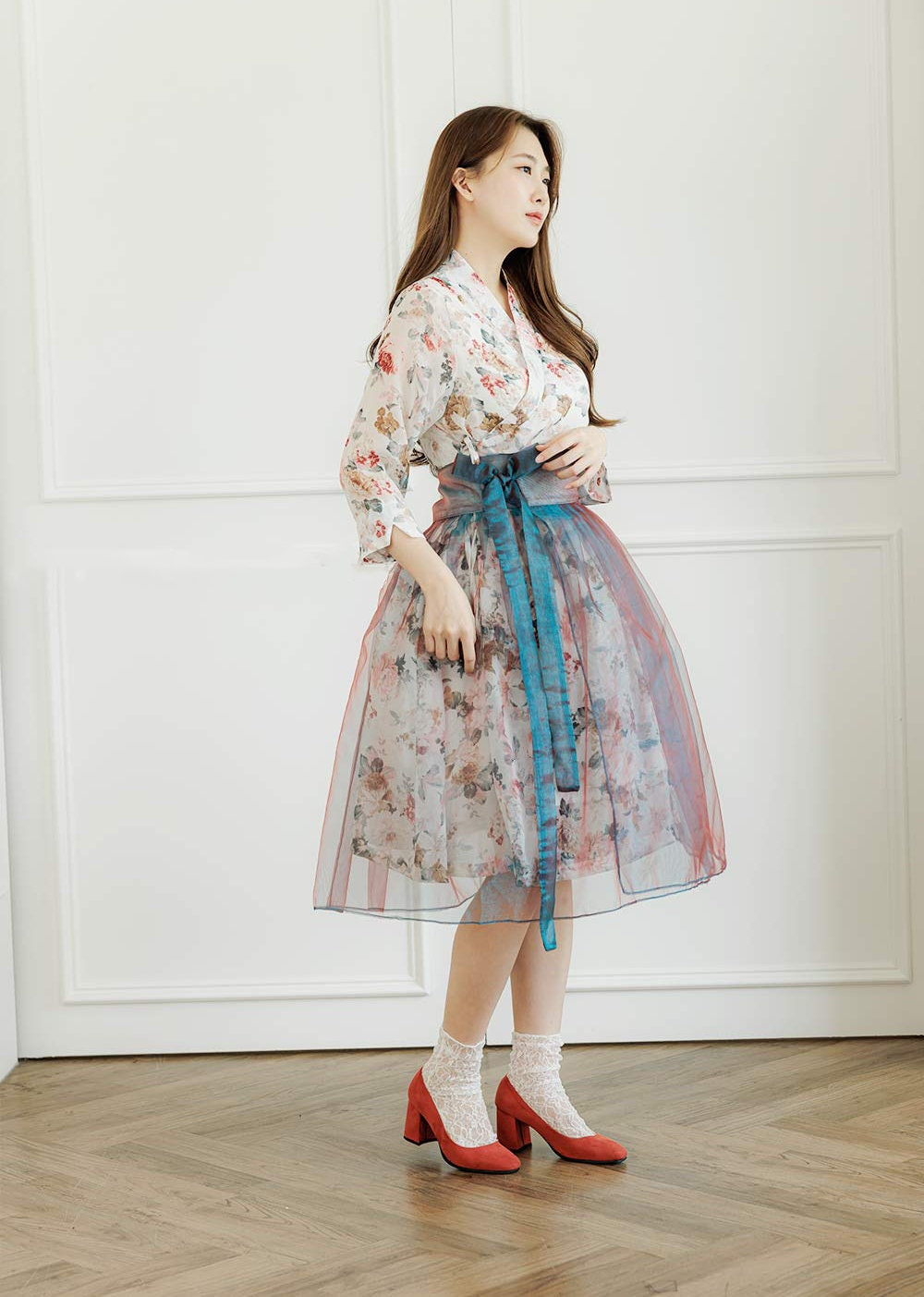 Romantic Layered Tulle Floral Midi Skirt with Contrast Ribbon Belt - Image 2