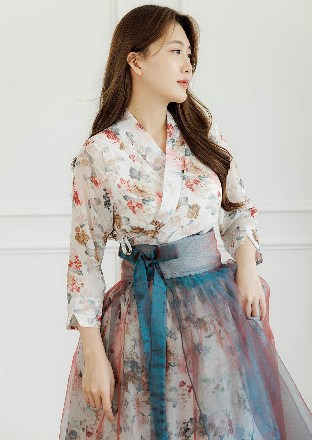 Romantic Layered Tulle Floral Midi Skirt with Contrast Ribbon Belt - Image 3