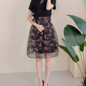 Romantic Sheer Floral Mesh Mini Skirt with High-Waist Design