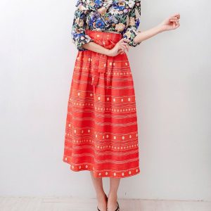 Vibrant Ethnic Stripe High-Waist Midi Skirt with Tie Belt
