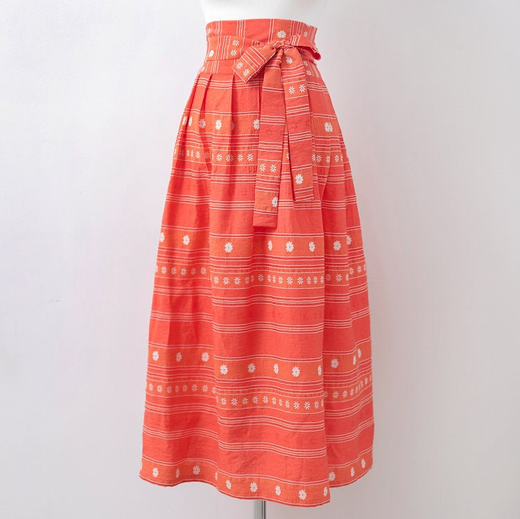 Vibrant Ethnic Stripe High-Waist Midi Skirt with Tie Belt - Image 3