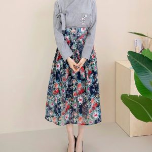 Vintage Garden Floral High-Waist Midi Skirt with Tie Belt