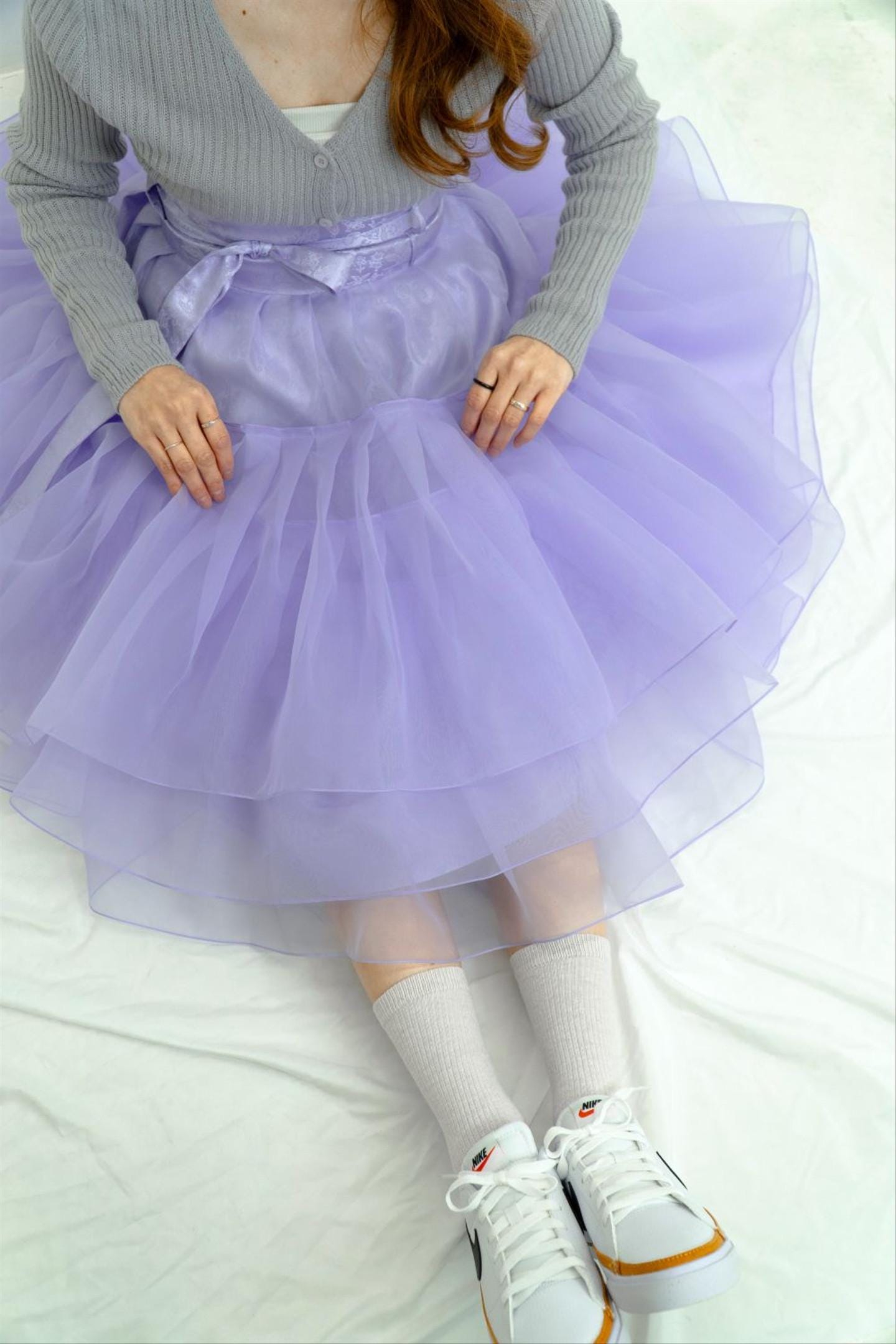 Dreamy Layered Tulle Midi Skirt in Lavender with High-Waist Design - Image 5