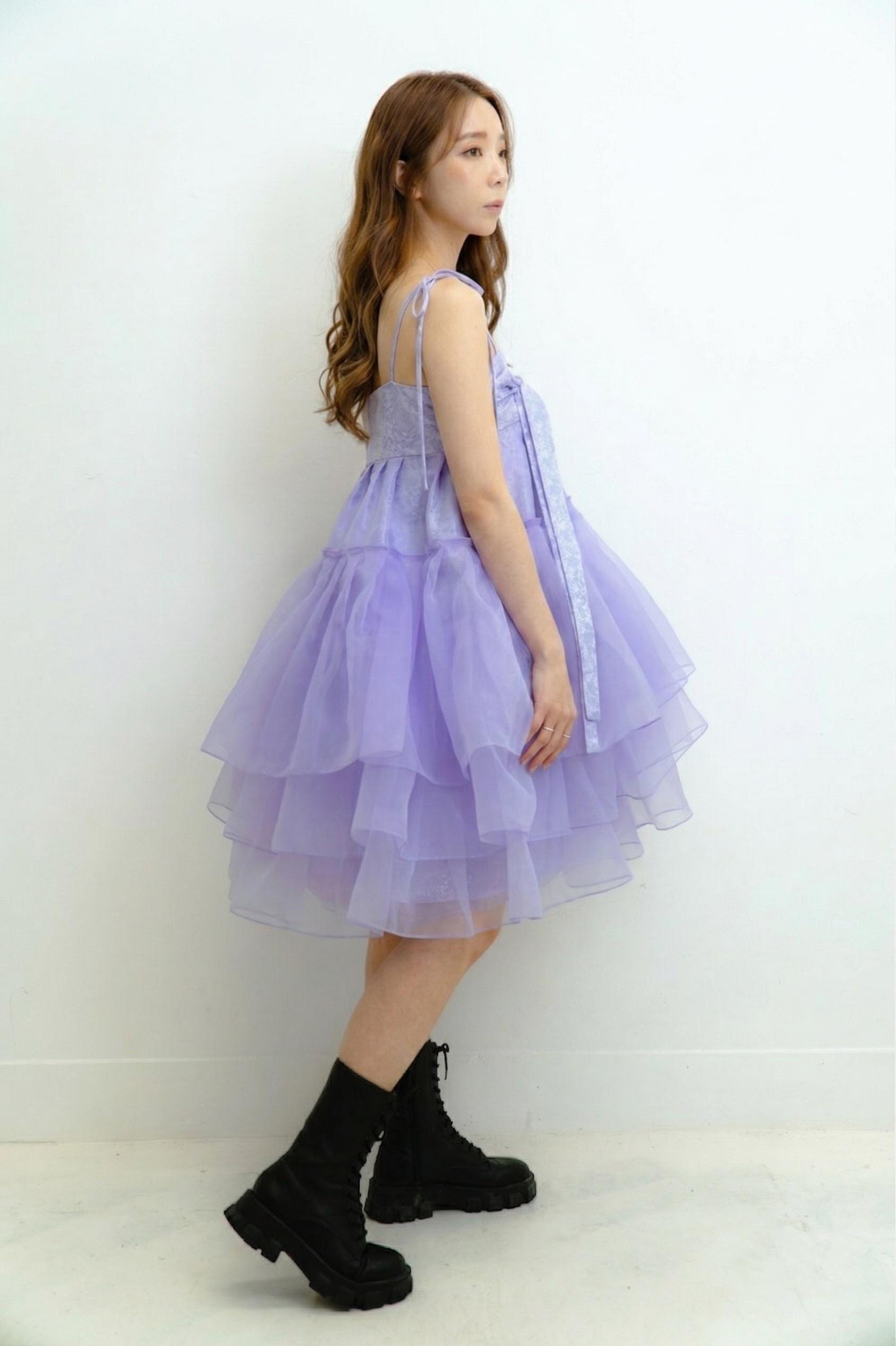 Dreamy Layered Tulle Midi Skirt in Lavender with High-Waist Design - Image 6