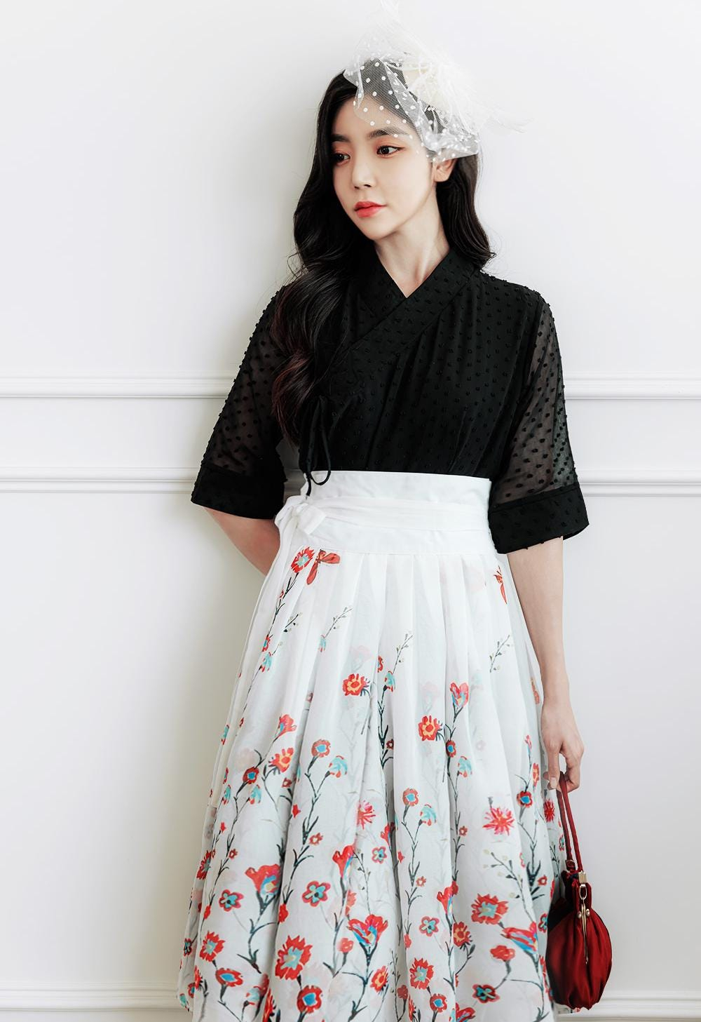 Elegant Floral Embroidered High-Waist Midi Skirt with Sheer Overlay