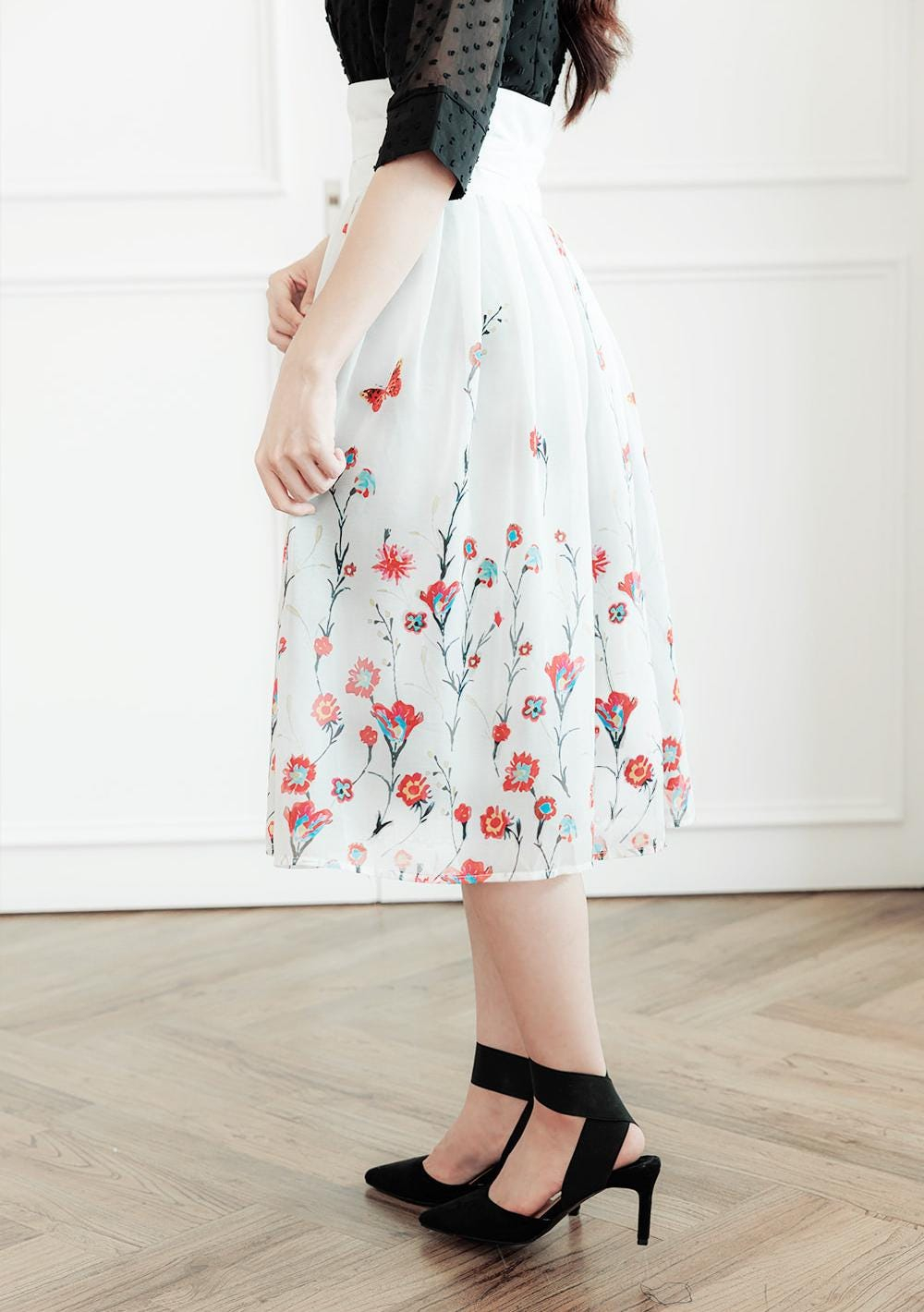 Elegant Floral Embroidered High-Waist Midi Skirt with Sheer Overlay - Image 5