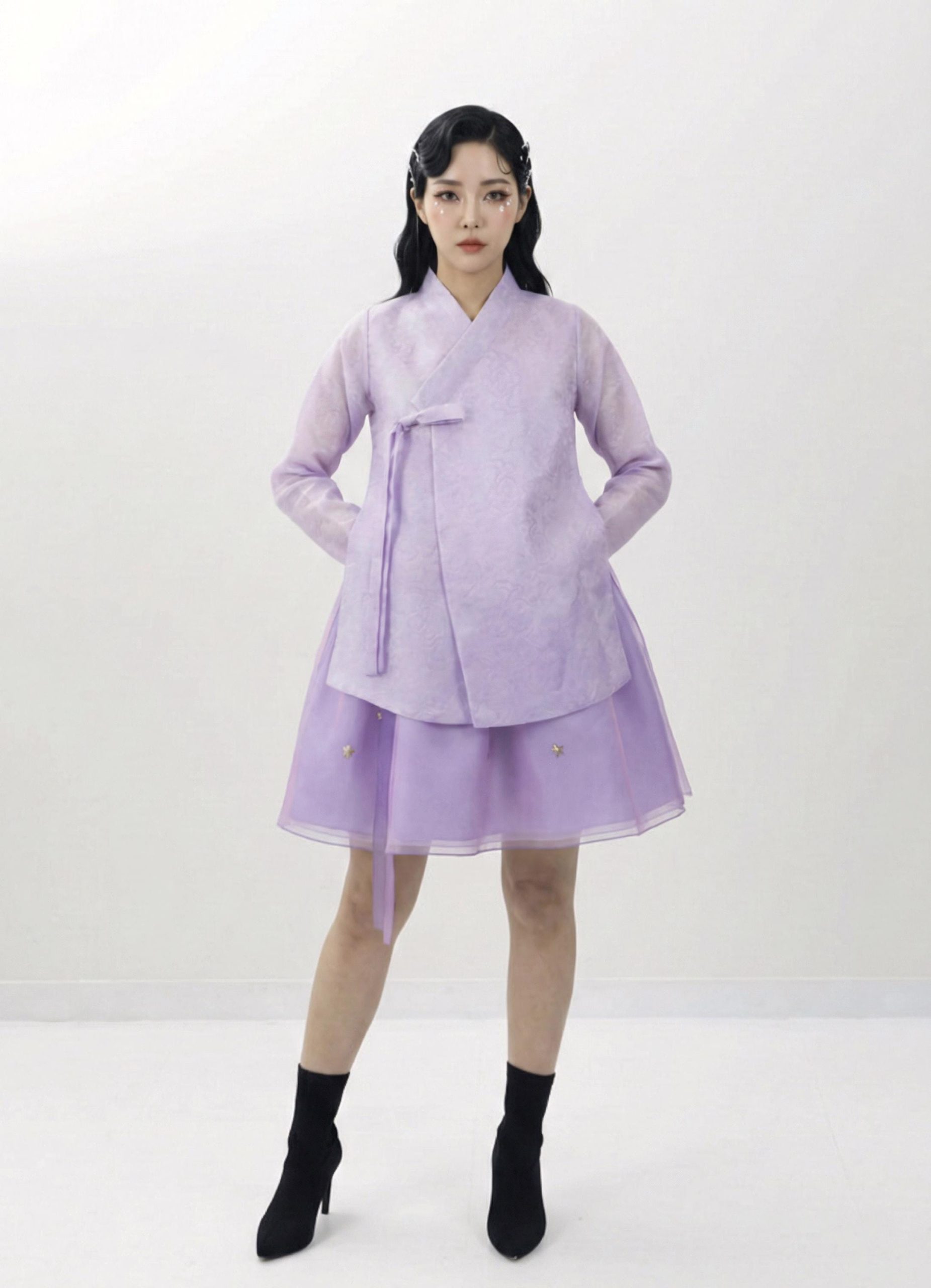 Sheer Layered Purple A-Line Mini Skirt with Embroidered Star Detail - Image 2
